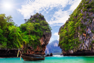 Boat water mountains trees shore - the shore of a beach free wallpaper