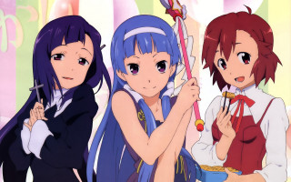 Anime girls umbrellas smiling together - holding free wallpaper