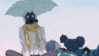 Person sitting umbrella dog standing - an umbrella over free wallpaper