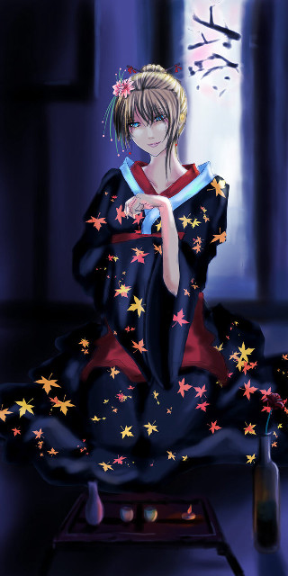 Woman kimono sitting table wine - a bottle of wine free wallpaper