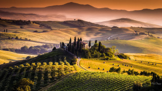 Scenic farm church hill countryside - fog free wallpaper