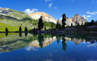 Mountain lake trees grass blue - tree and grass free wallpaper