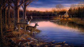 Deer lake sunset house boat - realistic painting free wallpaper