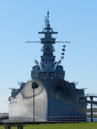 Battleship water bridge sunny day - front view free wallpaper