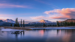 Mountain range lake sunset pink 3 - a matte painting free wallpaper