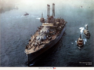 Large ship military waterfront sunrise - matte drawing free wallpaper