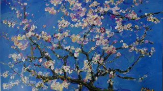 Tree white flowers blue background - impressionist painting free wallpaper