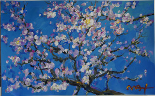 Purple white flowers tree blue - in gouache free wallpaper