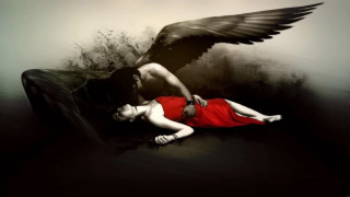 Woman man bird flying above - above her free wallpaper
