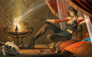 Woman couch table candle skull - a skull free wallpaper