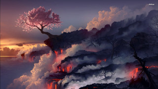 Volcano tree lava sunset painting - a sunset in the background free wallpaper