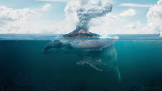 Whale swimming ocean volcano bird - surreal photography free wallpaper