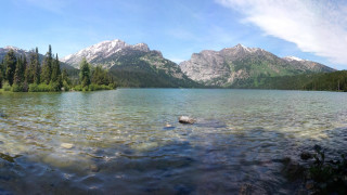 Lake mountains trees rock water - naturalism free wallpaper