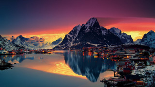 Sunset smalltown mountainrange lake background - a mountain range in the background free wallpaper