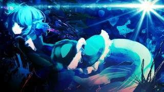 Woman blue dress holding cat 2 - chromatic aberration free wallpaper