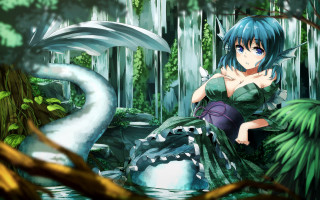 Woman sitting rock forest swan - magic realism free wallpaper for desktop