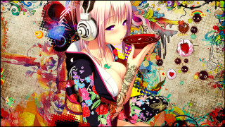 Woman headphones food plate painting - anime art free wallpaper