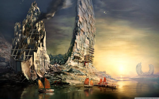 Futuristic city sailboat water foreground - the water and a boat in the foreground free wallpaper