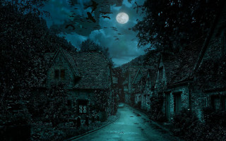 Dark alley full moon bats - a few house free wallpaper
