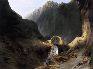 Mountain bridge river scenery painting - a painting of a mountain scene free wallpaper