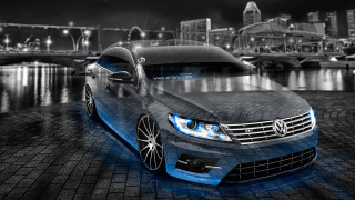 Blue car city skyline night - matte drawing free wallpaper
