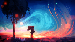 Person umbrella night sky colorful - a painting of a person holding free wallpaper