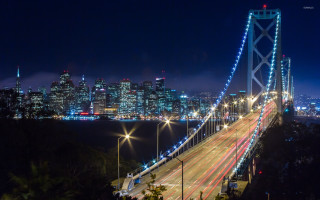 Night city bridge lights background - blue sky free wallpaper
