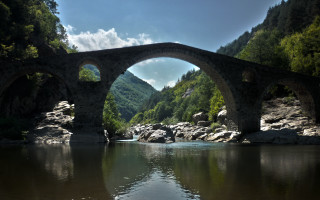 Bridge river mountain blue sky - a matte painting free wallpaper
