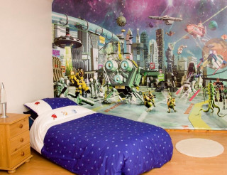 Space station bedroom blue comforter - graffiti art free wallpaper