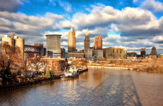 River bridge city clouds boats - a few boat free wallpaper