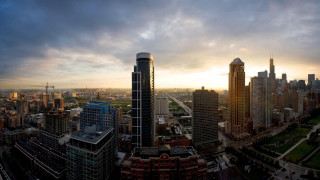 City skyline cloudy sky sunset - a few building free wallpaper