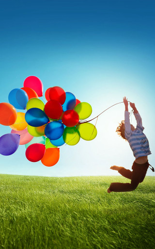 Person jumping balloons blue sky 2 - free happy birthday wallpaper