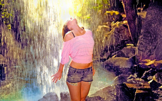 Woman waterfall pinkshirt denim shorts - david lachapelle free wallpaper
