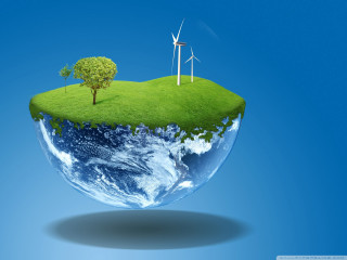 Green island wind turbines tree - solarpunk free wallpaper