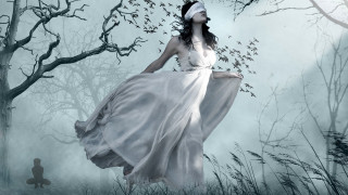 Woman white dress flying forest 2 - a man in the background free wallpaper