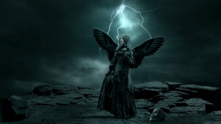 Woman wings field dog lightning - a matte painting free wallpaper