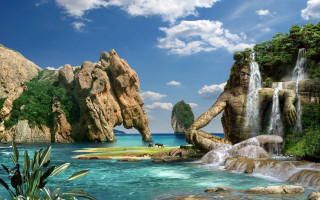 Fantasy waterfall matte painting bridge - a large waterfall free wallpaper