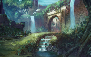 Waterfall bridge forest building painting - league of legends concept art free wallpaper