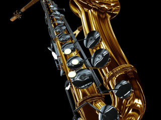 Saxophone black background gold case - photorealistic imagery free wallpaper