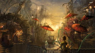 Woman umbrella city buildings hanging - bastien lecouffedeharme free wallpaper
