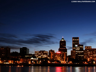 City skyline night lake buildings - a matte painting free wallpaper