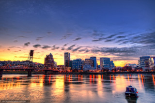 Boat city skyline sunset dawn - everett warner free wallpaper
