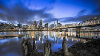 City skyline water reflection night - a matte painting free wallpaper