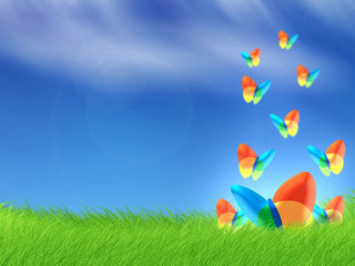 Colorful butterflies green field blue - over a green field free wallpaper