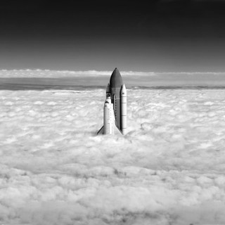 Space shuttle flying clouds black - matte painting free wallpaper