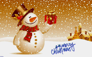 Snowman holding gift snow house - a gift free wallpaper