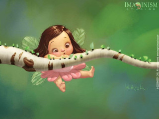 Girl branch caterpillar green background - digital painting free wallpaper
