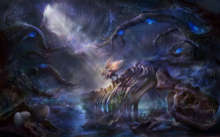 Dinosaur forest light skull painting - anato finnstark free wallpaper