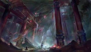 Futuristic city columns pillars painting - the middle of the room free wallpaper