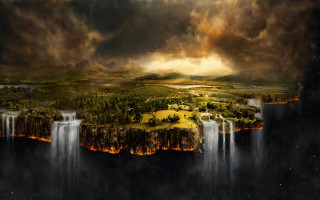 Waterfall lake forest nature painting - matte fantasy painting free wallpaper